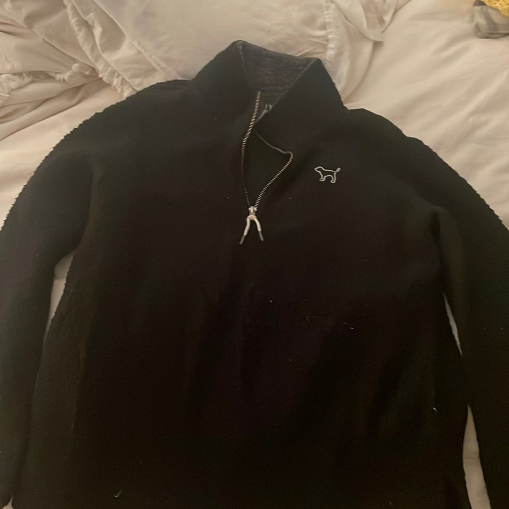 Victoria secret pink. Black fluffy pull over jacket. Size small